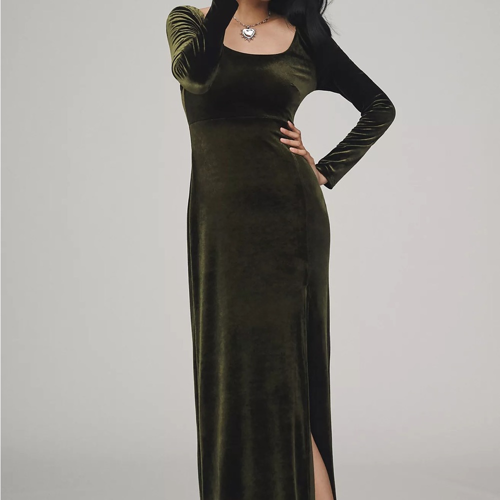 BHLDN Bella Long-Sleeve Scoop-Neck Side-Slit Stretch Velvet Maxi Dress